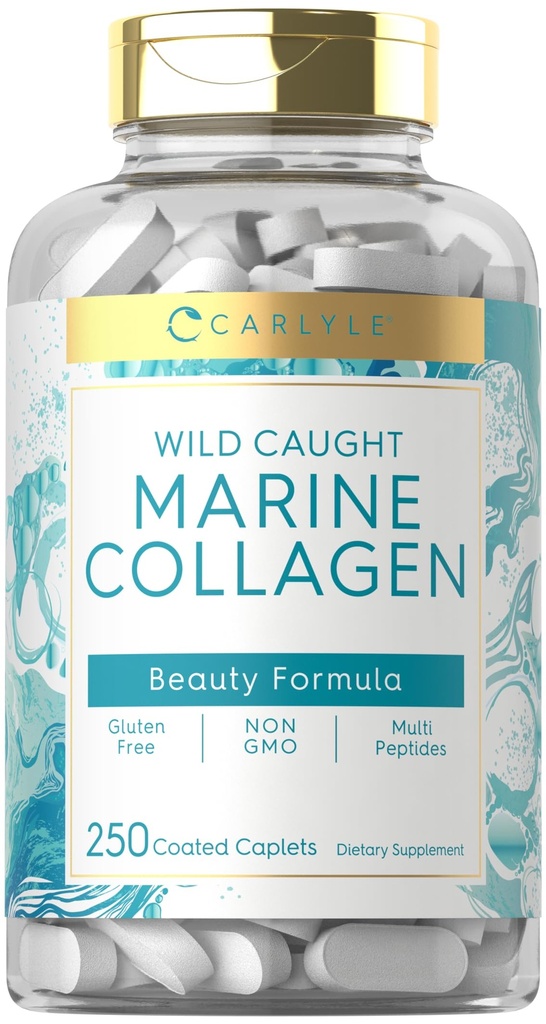 Carlyle Marine Collagen for Hair Skin and Nails | 250 Caplets | 여성용 펩타이드 및 남성용 펩타이드 | 칼슘 포함 | 비 GMO & 글루텐 무료