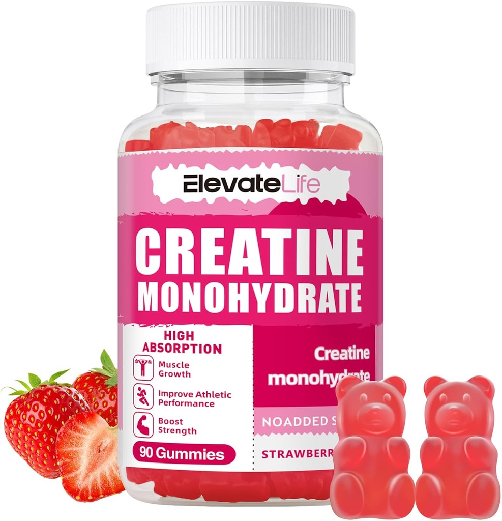 ElevateLife Creatine Monohydrate Gummies 남성 & 여성을 위한 5000mg, 근육 힘, 근육 건축업자, 에너지 부스트, 전 운동 보충교재 (90 조사)를 위한 Chewable Creatine Monohydrate