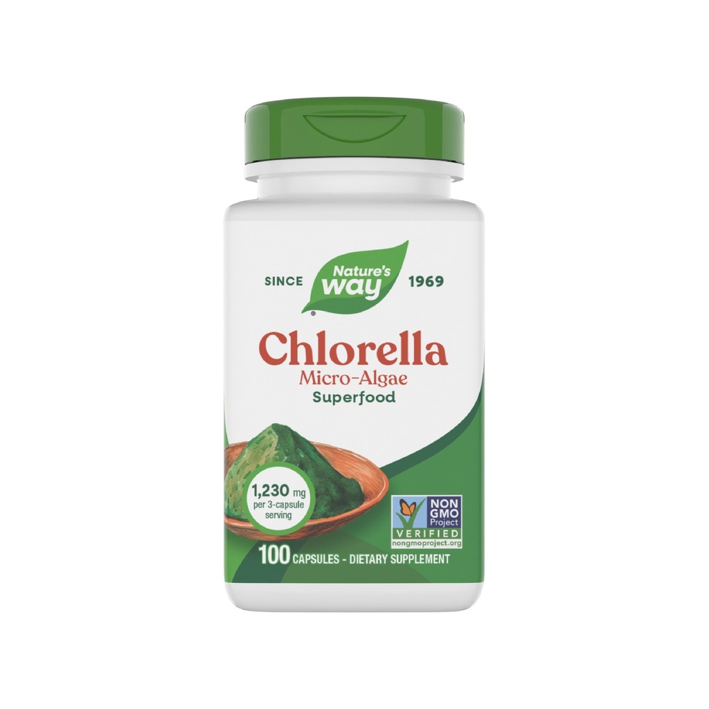 Nature's Way Chlorella Micro-Algae, Superfood, Antioxidant Pathways*, 3-Capsule 서빙 당 1,230 mg, Vegan, Non-GMO 프로젝트 검증, 100 캡슐 (포장 월병)