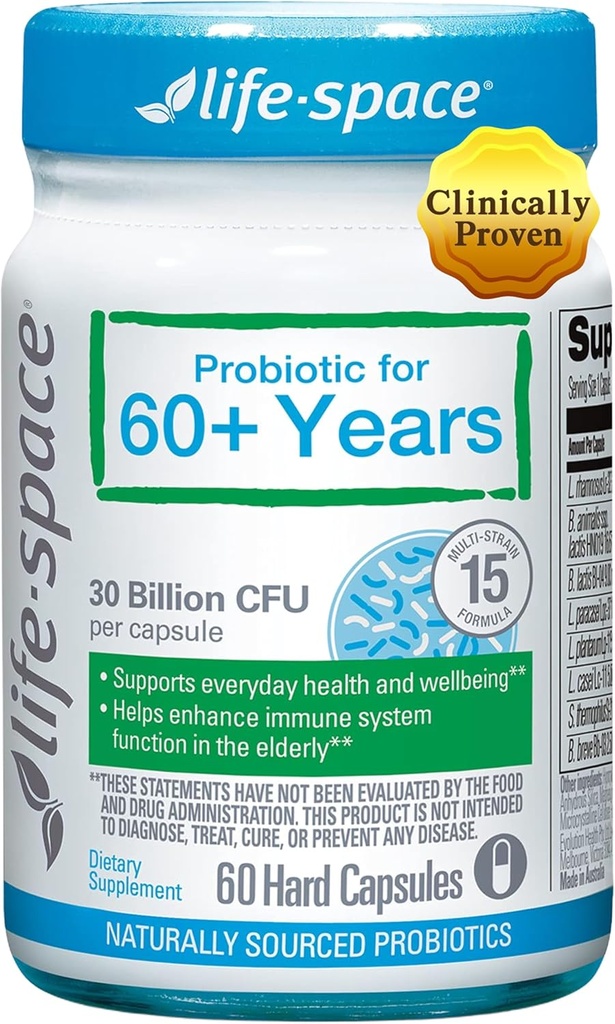 60 + 년 동안 생활 공간 프로 바이오 틱, 감염 및 건강, 위장 활력, Bifidobacterium lactis, 30 억 CFU, 멀티 스트레인 - 60 캡슐 지원
