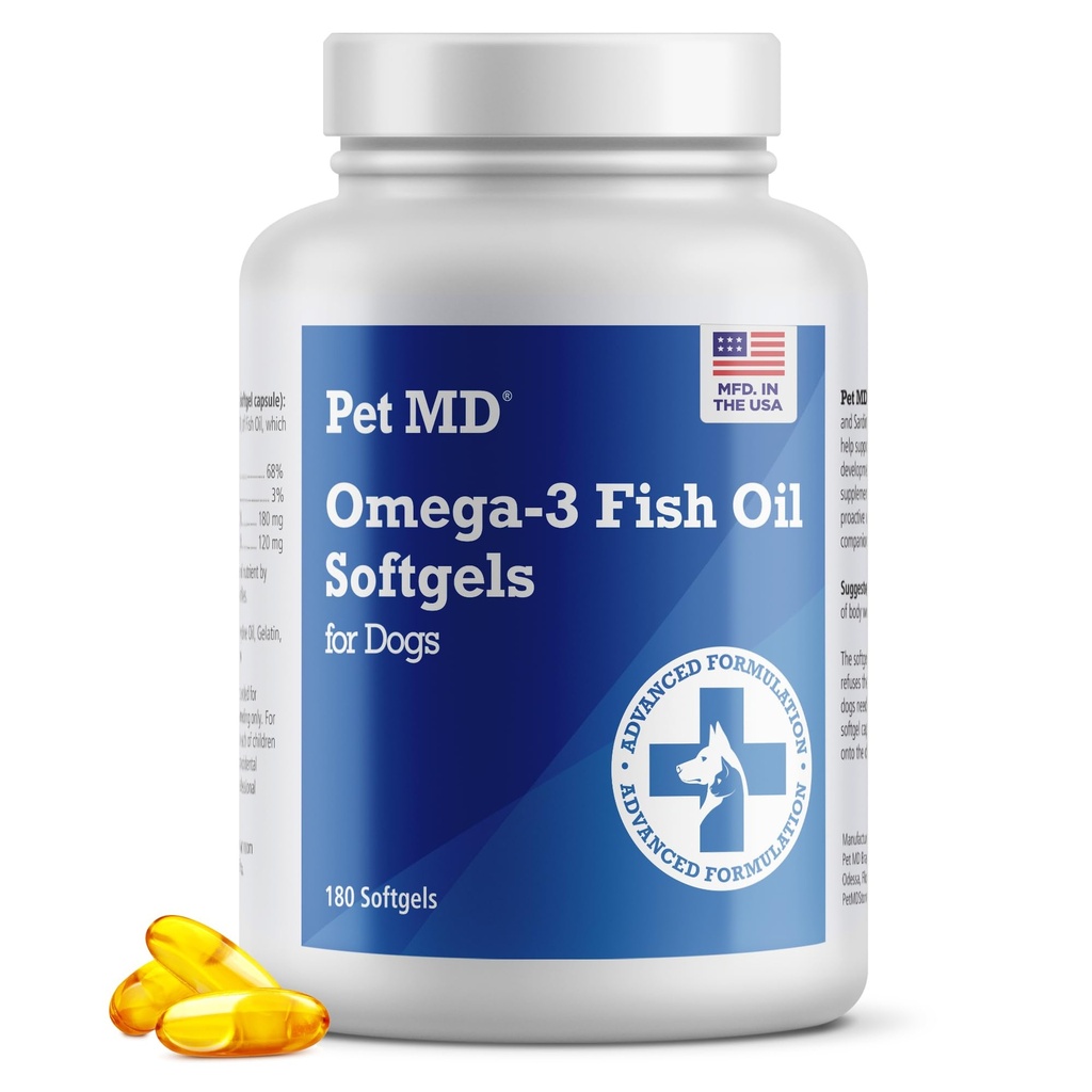 애완 동물 MD - 개를위한 오메가 3 물고기 오일 보충 - 개를위한 피부 및 코트 지원 - 180 Softgels