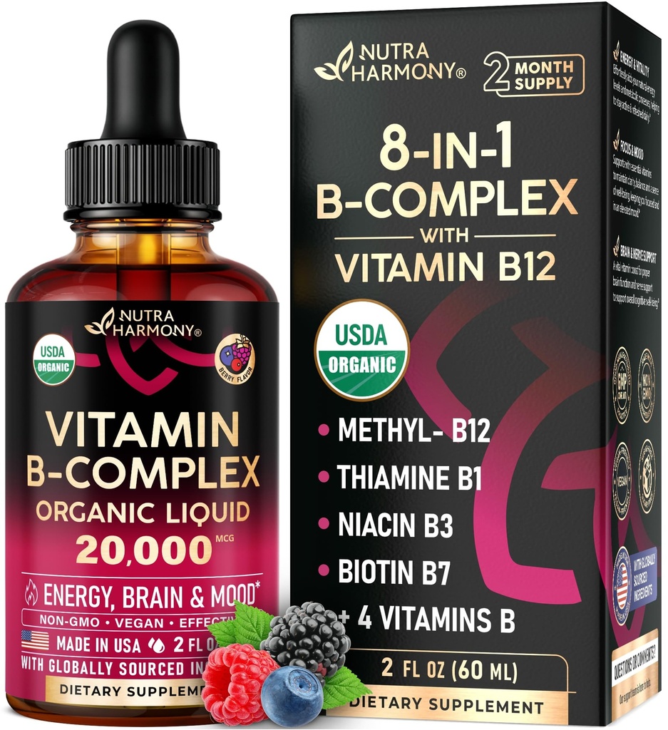 USDA 유기농 비타민 B 복합 B5 Pantothenic 산 | B12 Methylcobalamin | B1 Thiamine | B6 Pyridoxine | B7 Biotin | B9 Folic | B3 Niacinamide - B Complex Liquid Drops, Made in USA Supplement, 2fl oz