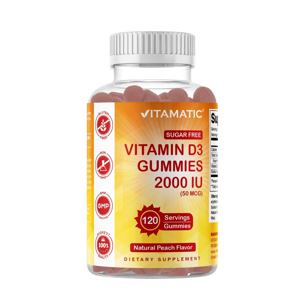비공식 설탕 무료 비타민 D3 2000 IU - 120 Pectin 기반 Gummies - 훌륭한 맛 - 건강한 뼈, 계류 및 면역 체계 기능 - Non-GMO - 120 서빙