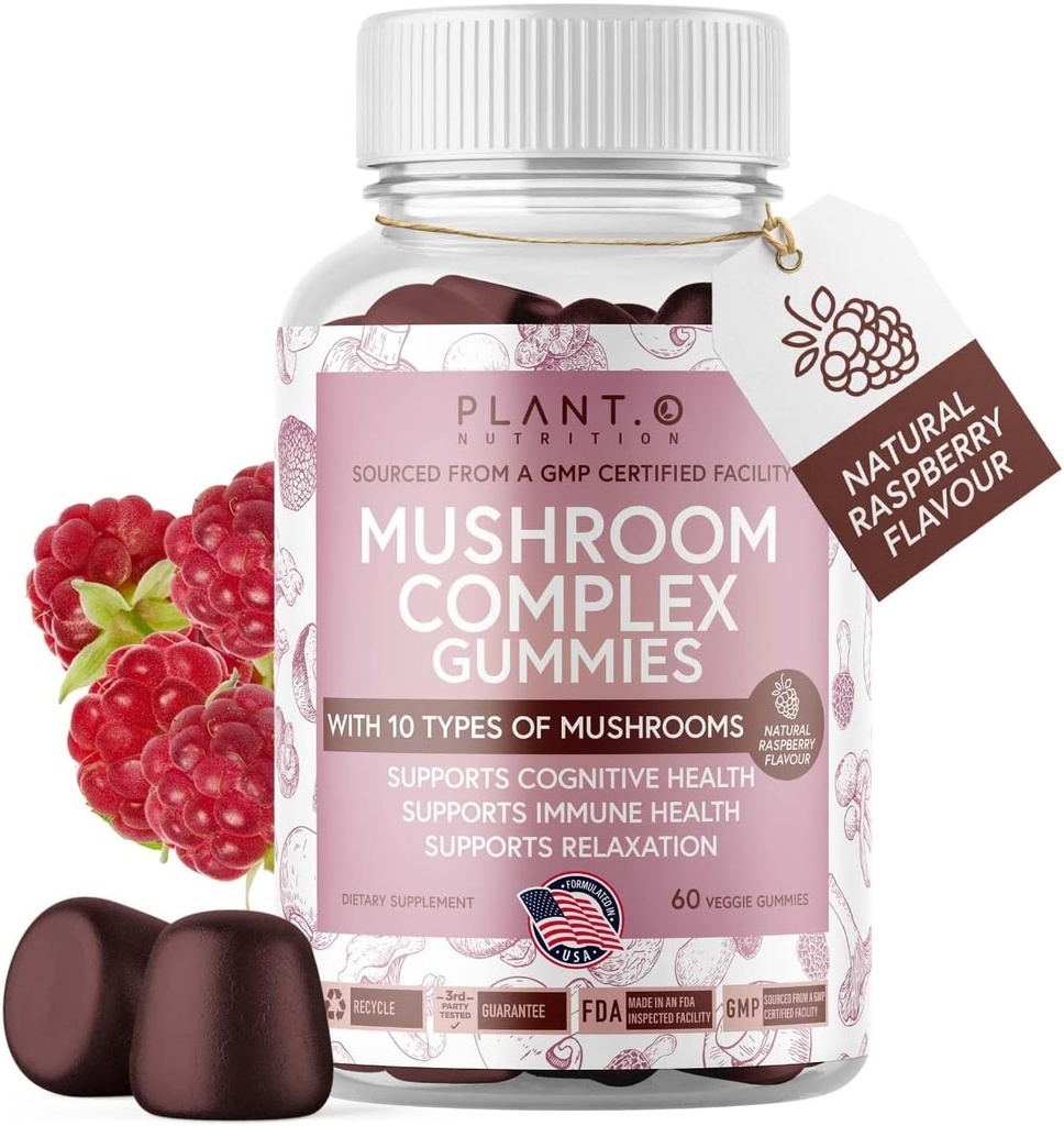 버섯 Gummies 프리미엄 보충 [10 버섯 복합 추출물] 맛있고 빠른 Acting Lion 's Mane, Reishi, Shiitake Nootropic Support, 면역 지원, 무드 & Relaxation, 60 Chews