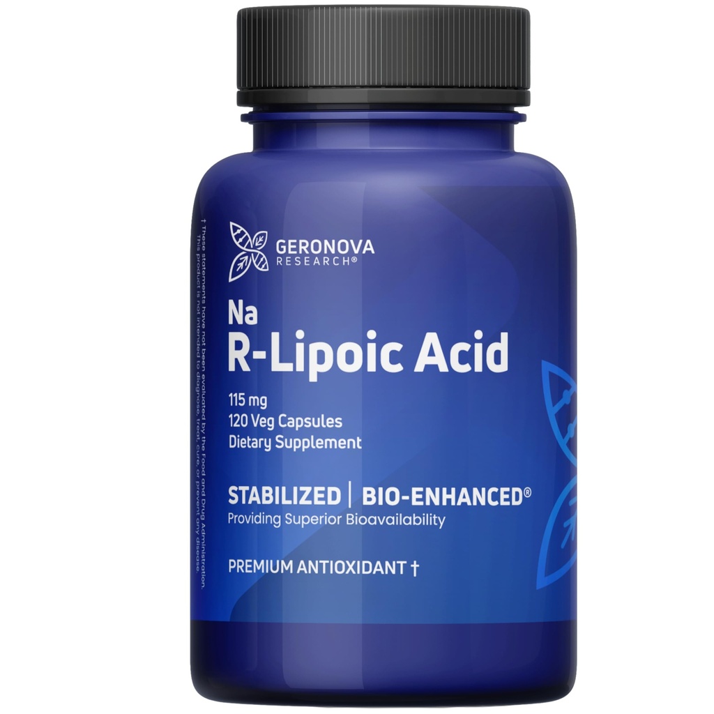 Geronova Research Bio-Enhanced R-Lipoic Acid, 115 mg 캡슐 - 4 개월 공급 - 향상된 흡수를 가진 안정화 R 알파 Lipoic Acid 보충 - 120 카운트