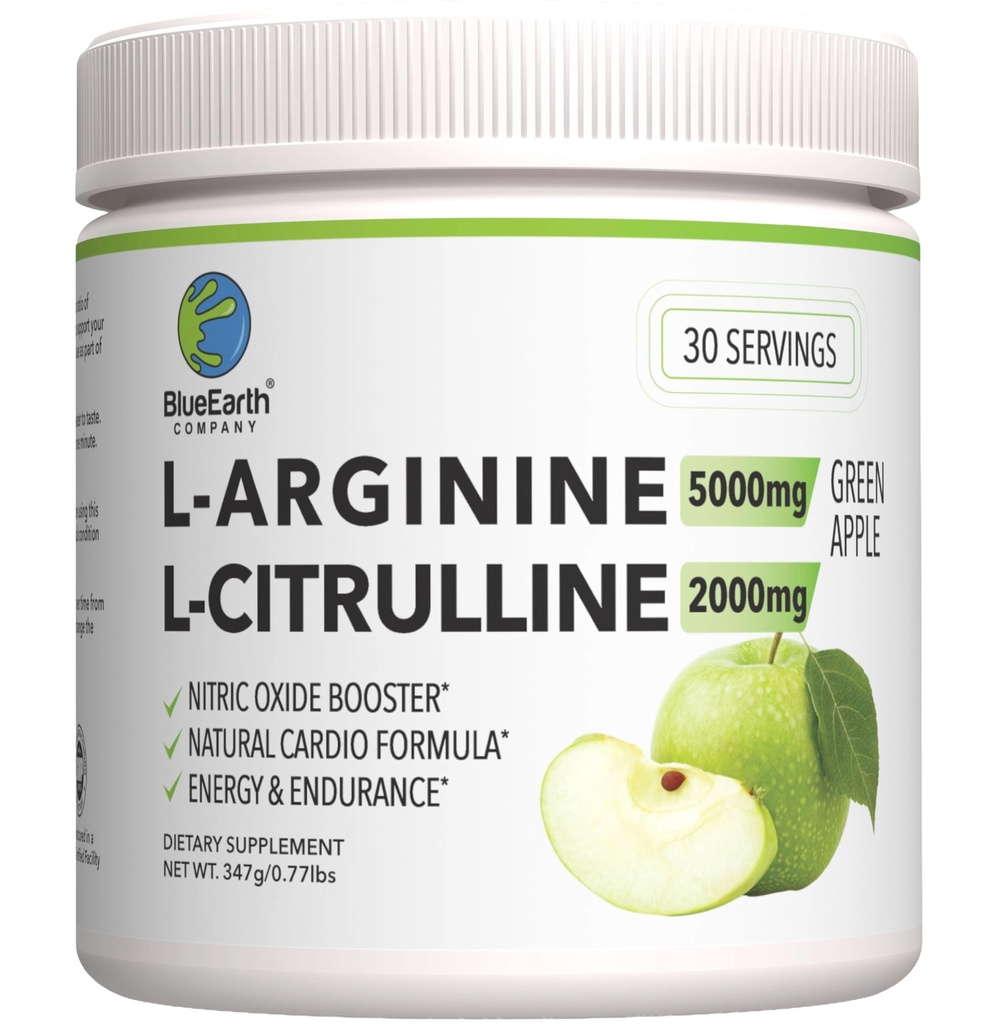 L-Arginine 5000mg + L-Citrulline 2000mg 복합 분말 보충 음료 혼합 - 심장 건강, 혈액 흐름 및 에너지를위한 산화 부스터 - 30 서빙 (녹색 애플)