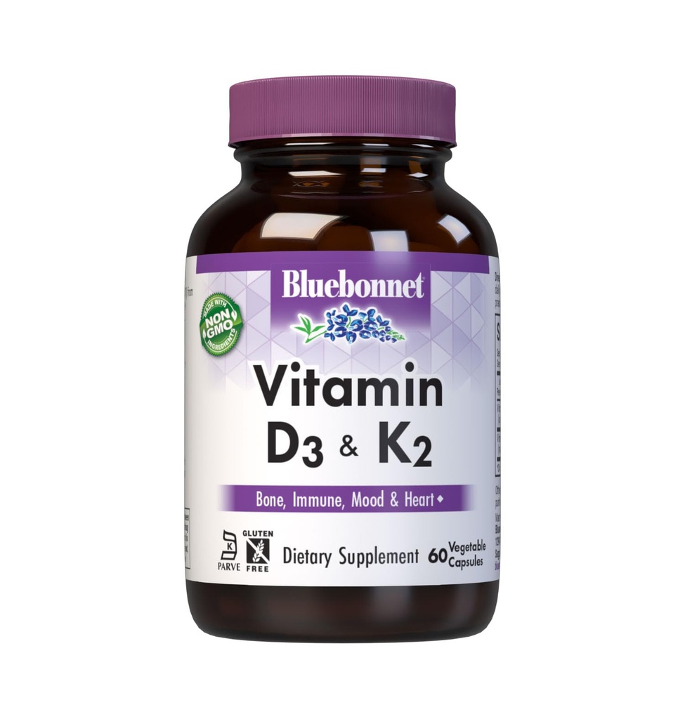 Bluebonnet 영양 비타민 D3 & K2, 강한 건강 뼈 *, 글루텐 자유로운, 비 GMO, 낙농장 자유로운, 고약 증명된, 채식주의자, 60 식물성 캡슐, 60의 서빙