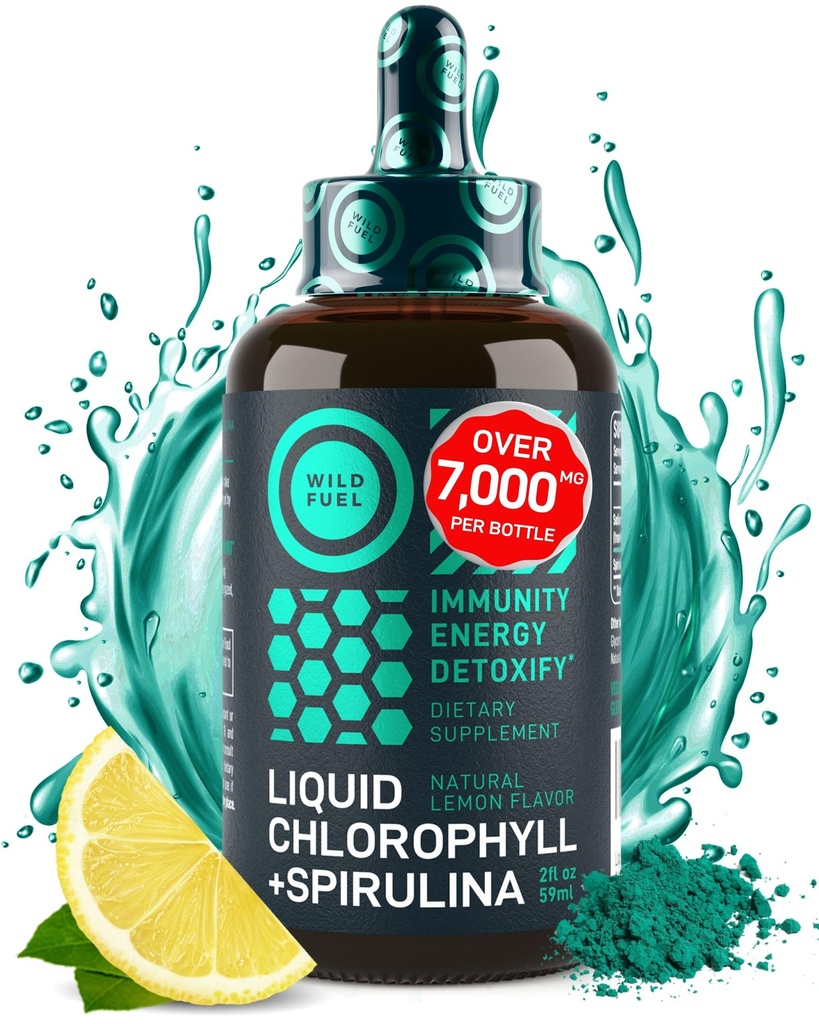 물에 대한 Spirulina와 액체 클로로필 드롭 - 전체 강도 에너지, 웰빙, 면역 지원 보충교재 - 50mg 클로로필 액체, 12.5mg Spirulina - 레몬 맛 Detox 음료 - 2oz, 118 서빙