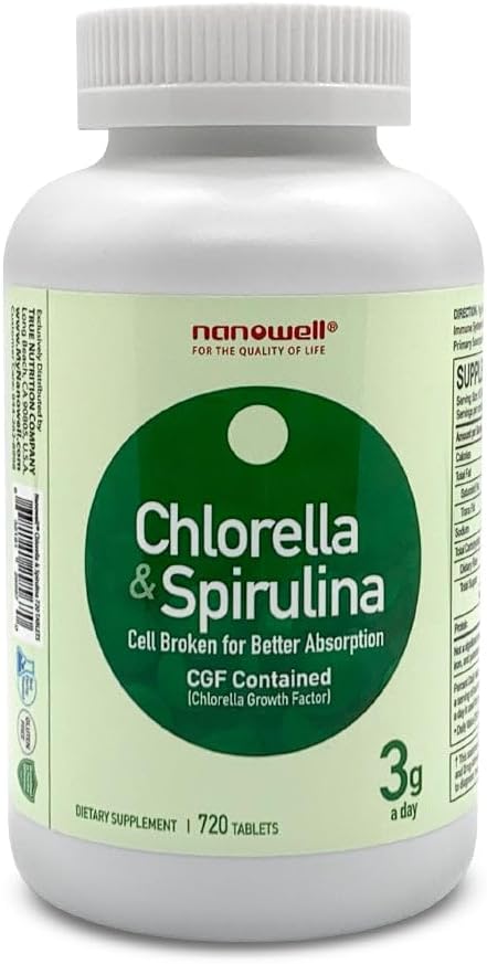 NANOWELL Chlorella & Spirulina 720 태블릿 - Chlorella, Spirulina, 산화 방지제, 비타민, 단백질, 브로큰 셀 벽 (720 개)