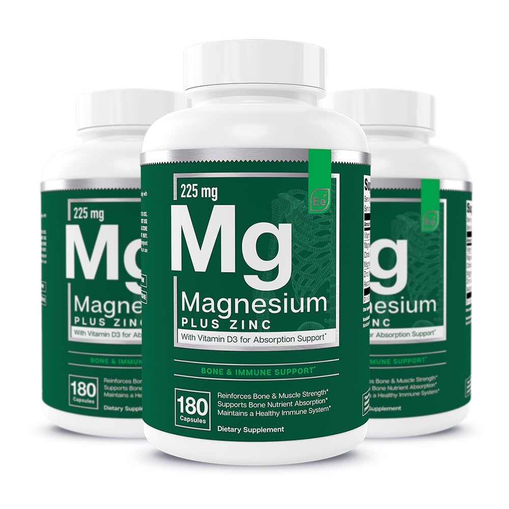 필수 요소 마그네슘 플러스 아연 비타민 D3 | 과학적으로 공식화 된 심장, 뼈 및 근육 지원 | 225mg Triple-Strength Magnesium Complex with Glycinate, Malate, Citrate | 540 Count