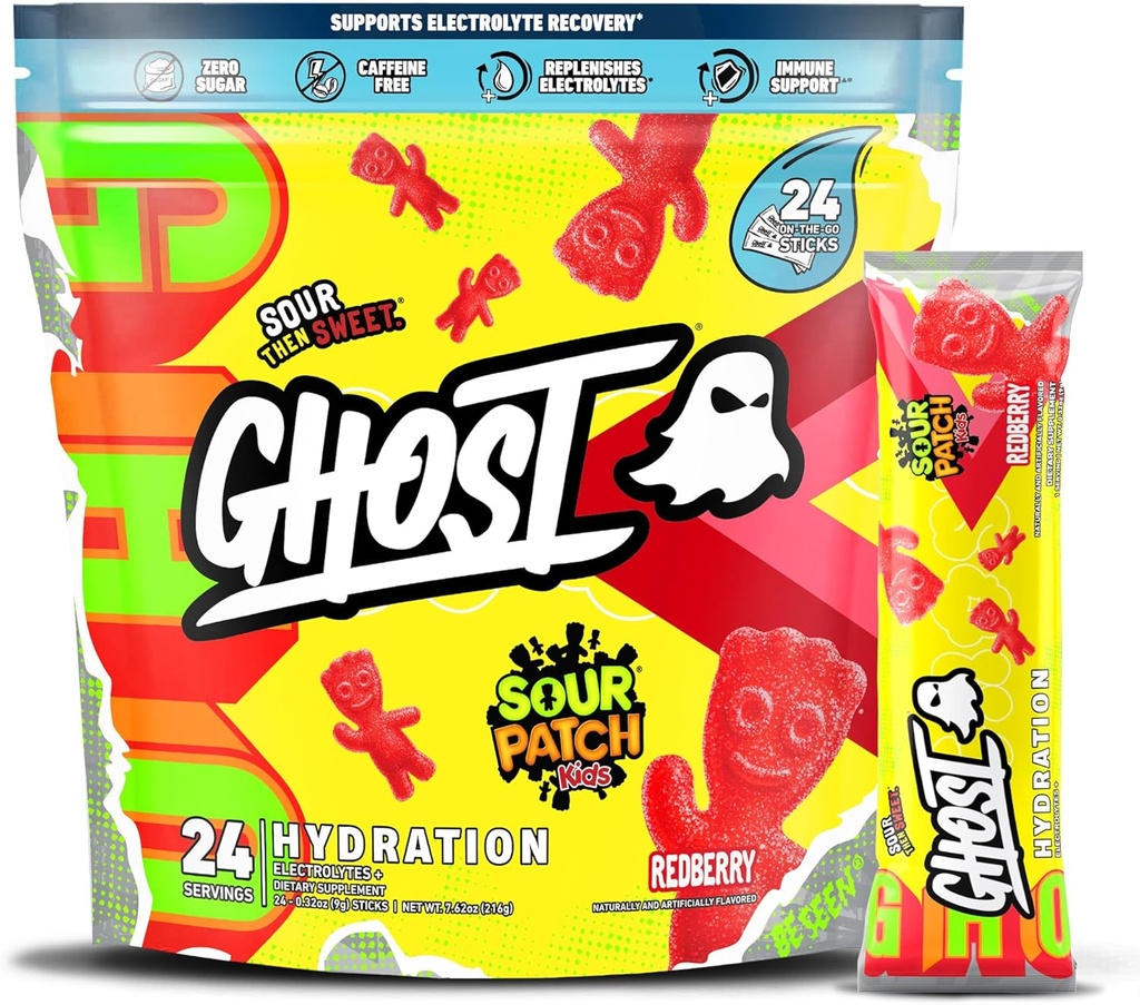 GHOST Hydration Packets, Sour Patch Kids Redberry, 24 Sticks, Electrolyte Powder - 마그네슘, 칼륨, 칼슘, 비타민 C와 음료 혼합 보충 - 콩, 콩, 콩, 설탕 및 글루텐의 무료