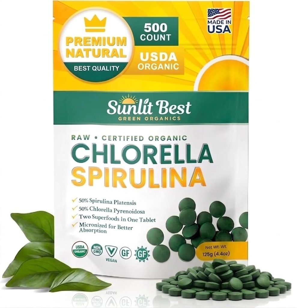 Sunlit Best Chlorella Spirulina Tablets - 유기농 USDA, 프리미엄 Spirulinas 및 Chlorella 캡슐 500 알약 - Spirulina Algae, Enzymes Chlorophyll & Vegan Protein을 가진 Chlorellas 자연적인 Superfood