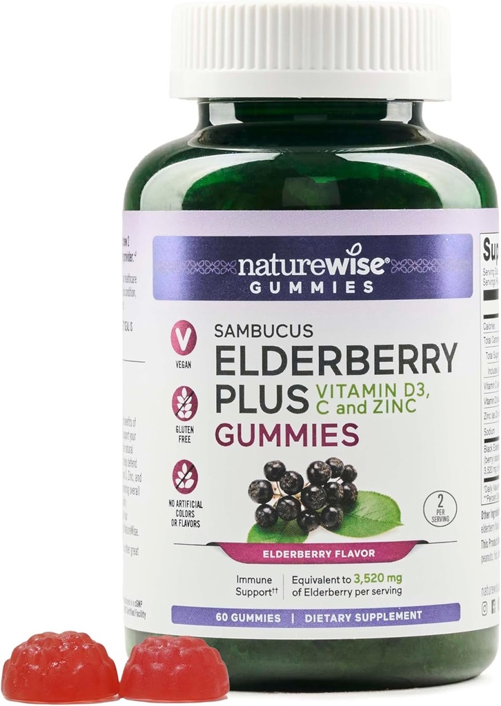 NatureWise Sambucus Elderberry Gummies - 비타민 C, D3, 아연 - Elderberry가 3520mg - Vegan, Non-GMO - 60 Count[30-Day Supply]와 어린이 연령에 대한 면역 지원 보충