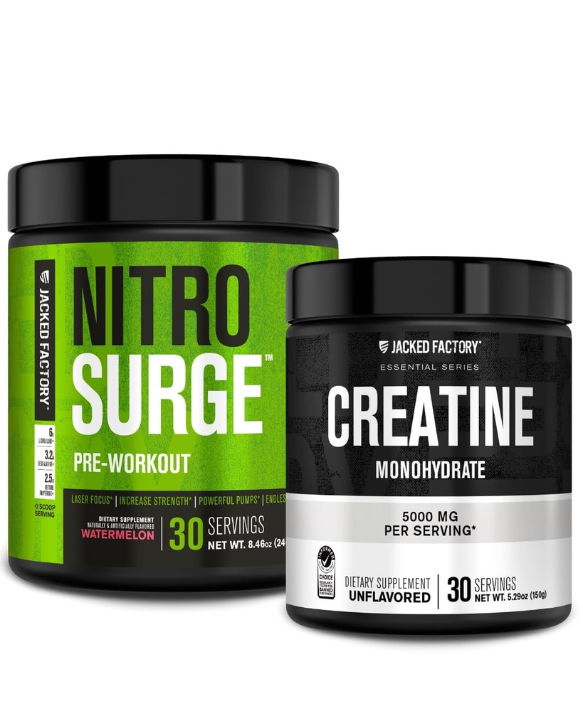 Jacked Factory NITROSURGE Pre-Workout 보충교재 - 강렬한 펌프 (30의 서빙, 수박) & 근육 성장을 위한 Creatine Monohydrate 분말 (30의 서빙, Unflavored)