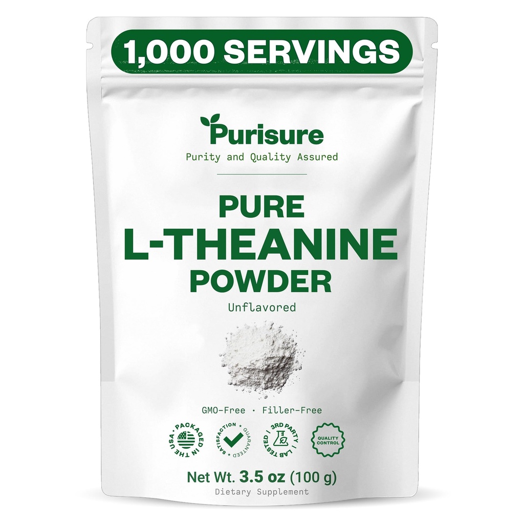 Purisure L-Theanine 분말, 100 g, 휴식 및 초점 촉진하는 순수한 L Theanine 분말, Cognitive 기능을 위한 보충교재, 충전물 없음, 비 GMO, 1000의 서빙