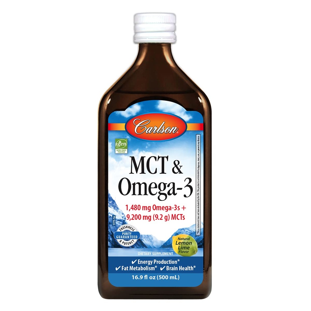 Carlson - MCT & Omega-3, 1480 mg Omega-3s, 9200 mg MCTs, Keto-Friendly, Caprylic & Capric 산, 에너지 생산, 지방 대사, 레몬 - Lime, 500 mL (16.9 Fl Oz)