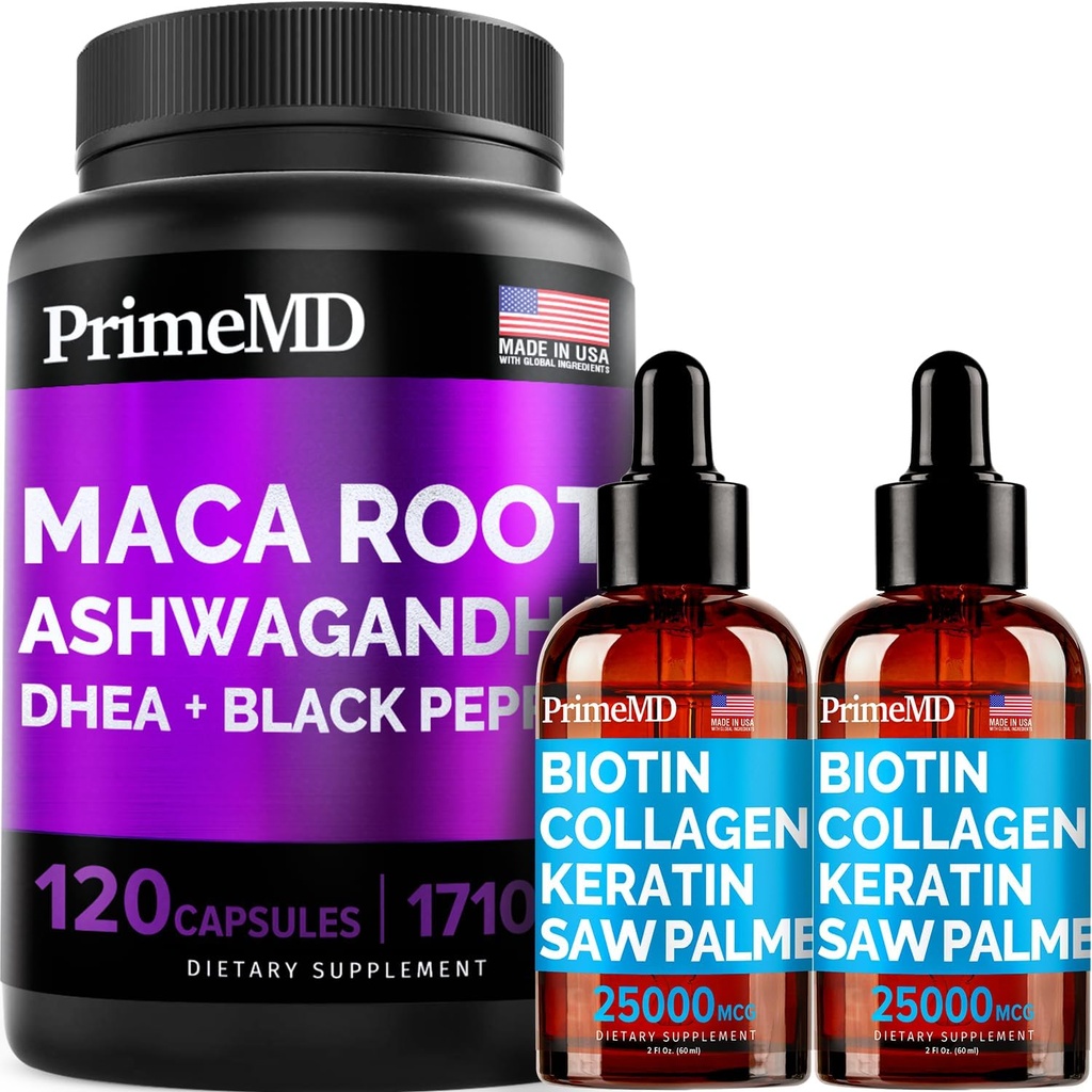 4-in-1 액체 Biotin Collagen Keratin은 Palmetto Drops (2 fl oz - 2 Pack) & 6-in-1 Maca Root Ashwagandha w Black Pepper Fruit (120ct) 번들 - 헤어, 피부, 손톱, 에너지 및 무드 지원 보충