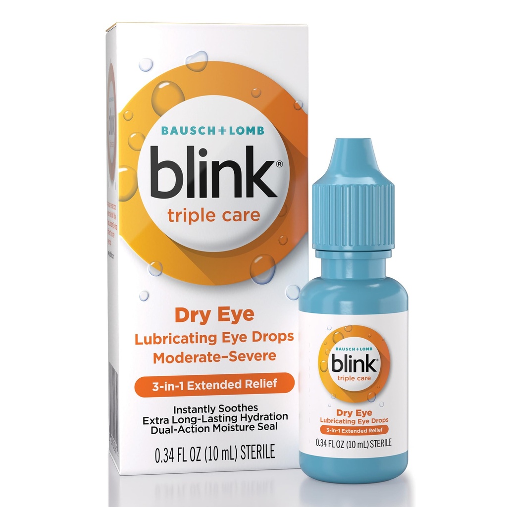 BLINK Triple Care Eye Drops for Dry Eyes, Lubricant Eye Drops, Hyaluronate, Discomfort, Long-Lasting Hydration, 0.34 Fl Oz와 Severe Dry Eyes의 모더레이트에 대한 소싱