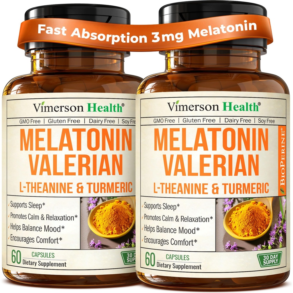 Melatonin Sleep Aid with L Theanine & Valerian Root - Turmeric Supplement - Ginger & Black Pepper와 심황 Curcumin - L-Theanine & Melatonin 3mg 수면, 칼로리 및 스트레스 - 2 팩