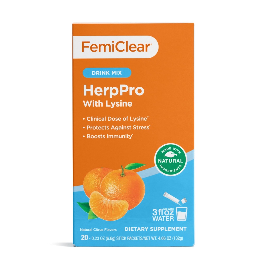 FemiClear HerpPro 음료 혼합, L-Lysine 3000mg, 아연, 비타민 A & C, Ashwagandha, 여성 및 남성을위한 면역력 및 스트레스 보충, 20 스틱 패킷