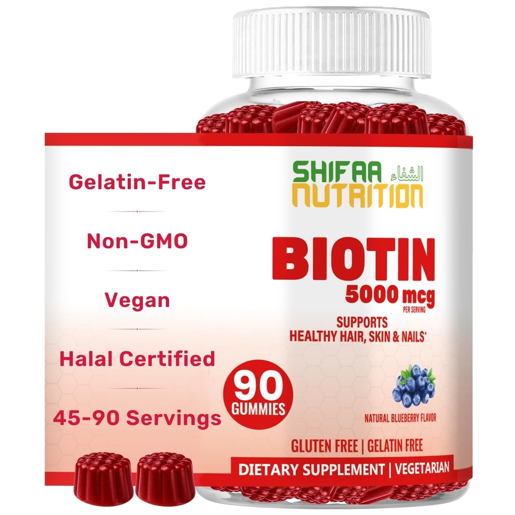 SHIFAA NUTRITION Vegan Biotin Gummies for Adult & Kids | 90 구미 | 5000 mcg 45 서빙 | Non-GMO | 글루텐, 젤라틴, 땅콩, 계란, 낙농장 무료 | 헤어, 스킨 & 네일 할랄 비타민