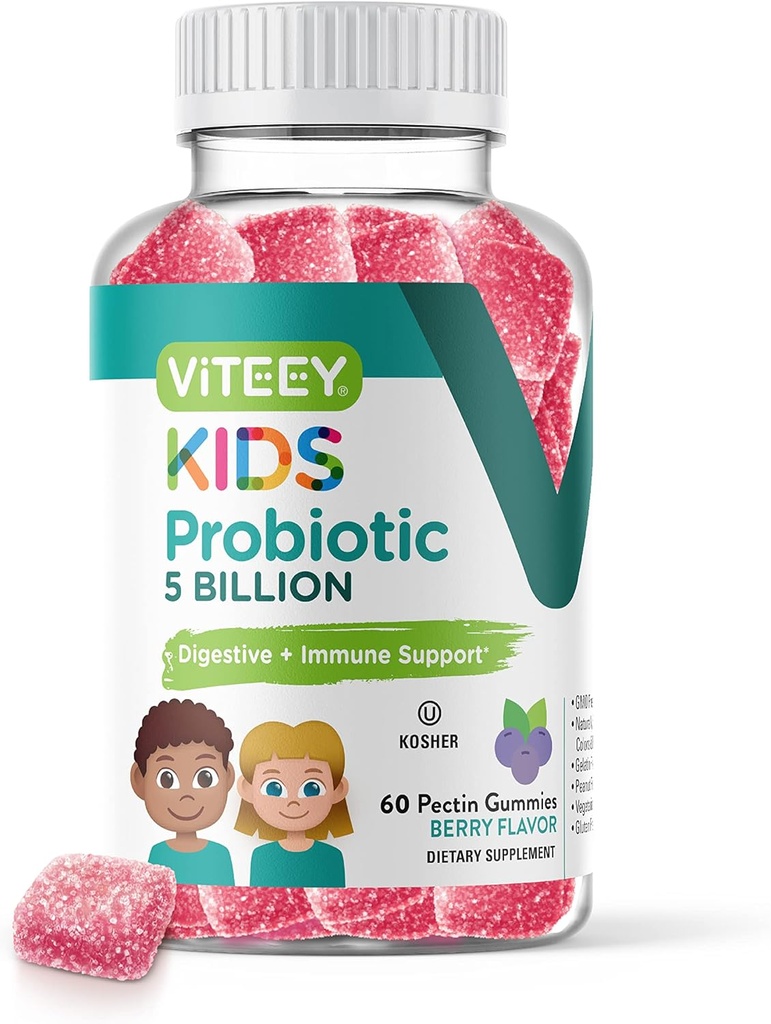 아이를위한 Viteey Probiotic Gummies - 5 억 CFUs - Probiotics Kids Constipation Relief, Natural Immune & Digestive Health Support - 채식주의, 젤라틴 무료, GMO 무료 - 맛있는 베리 맛 거미