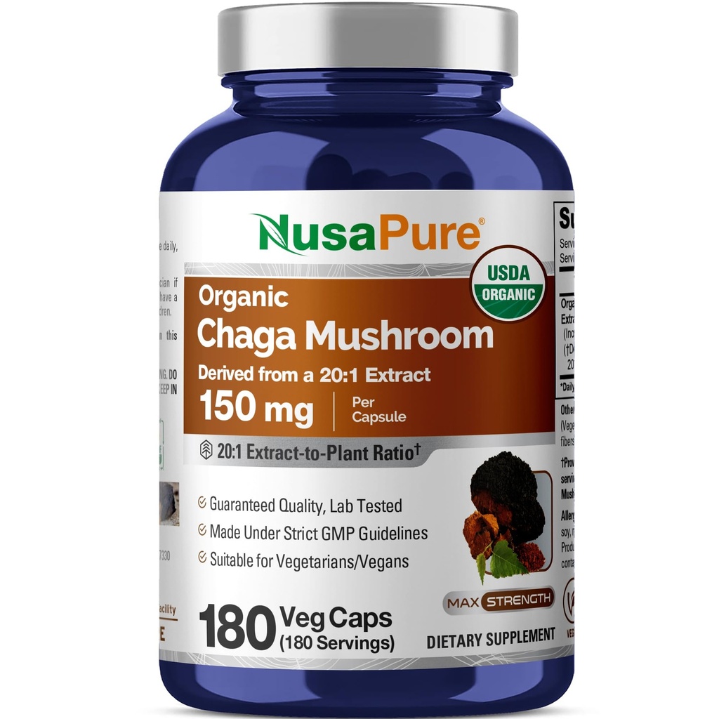 NusaPure Chaga 버섯 20 : 1 추출물, Veggie 캡슐 당 3,000mg에 150mg, 180 카운트, USDA 유기, 비건, 비 GMO