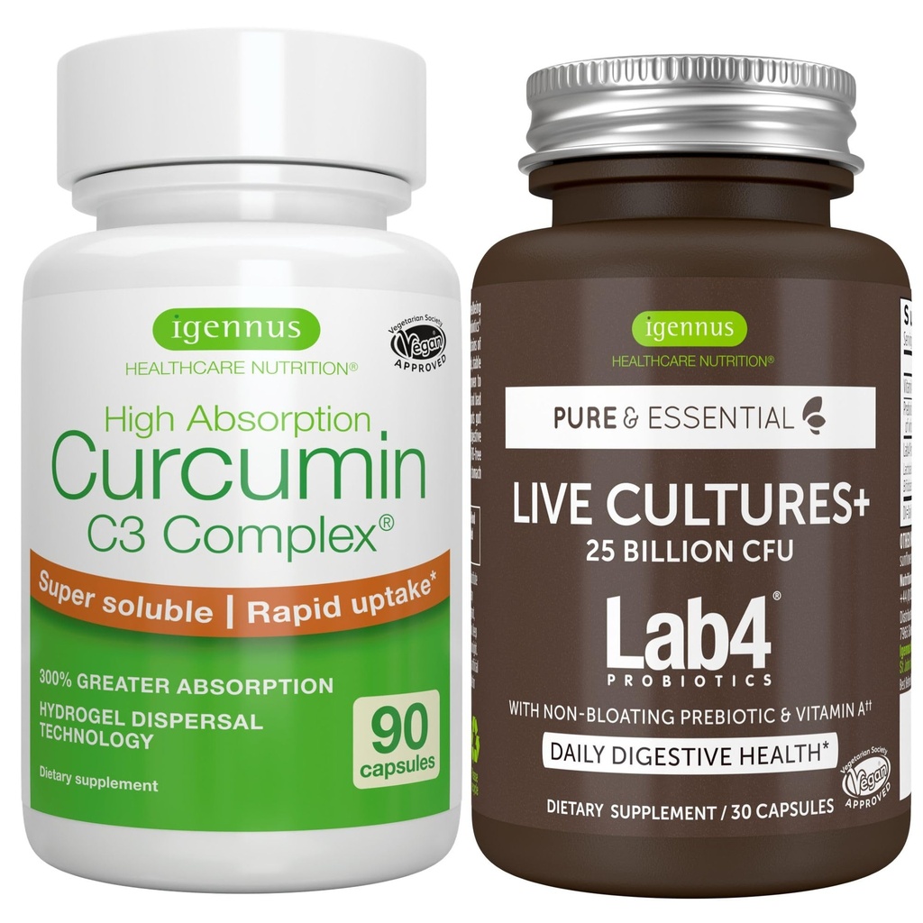 라이브 문화+ Lab4 Probiotics + 높은 흡수 Curcumin C3 Complex Vegan 번들, 25 Billion CFU Probiotic, 급속한 섭취를 가진 비 출혈 Prebiotic + 300% 더 중대한 흡수 Curcuminoids, Igennus에 의하여
