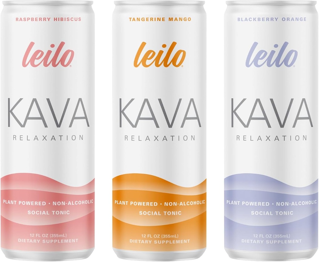 LEILO | Kava Powered Sparkling Relaxation Drink | Classic Variety-Pack – 포함: 라즈베리 Hibiscus, Tangerine Mango, BlackBerry Orange | 12 fl oz Cans (12 팩)