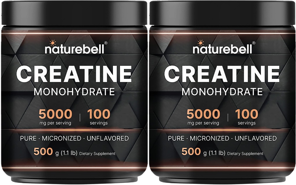 NatureBell 2 팩 크레아틴 Monohydrate 분말 500g, 서빙 당 5,000mg | Micronized, Pure & Unflavored | 사전 운동 근육 지원 | 케토, 비건, 필러 프리 | 200 서빙 (2.2 lb)