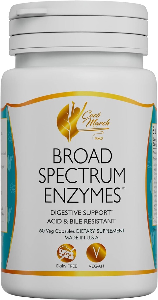 Cocó March N.M.D Broad Spectrum Enzymes- 18 Enzymes for Gluten-Lactose-Digestive Support - 성인 및 어린이 산 및 Bile resistant - Dairy Free, Vegan, 460 mg Proprietary Blend, 60 캡슐