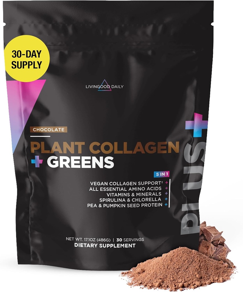 Livingood 매일 식물 교원질 + 녹색 분말, 초콜렛, Pea Protein, Amino Acids, Spirulina, Chlorella & Vitamin C, Hair Skin Nails Support, Vegan, 30 서빙