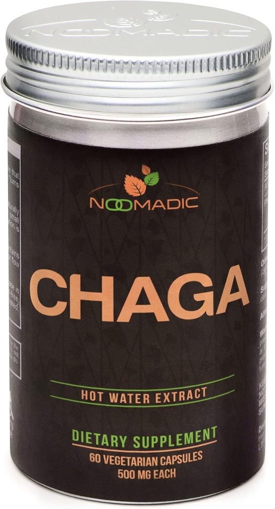 Noomadic Chaga 버섯, 60 캡슐, 500mg 각각, 산화 방지제 & 면역 지원, 온수 추출물, 과일 Bodies, 30 % Beta-D-Glucans
