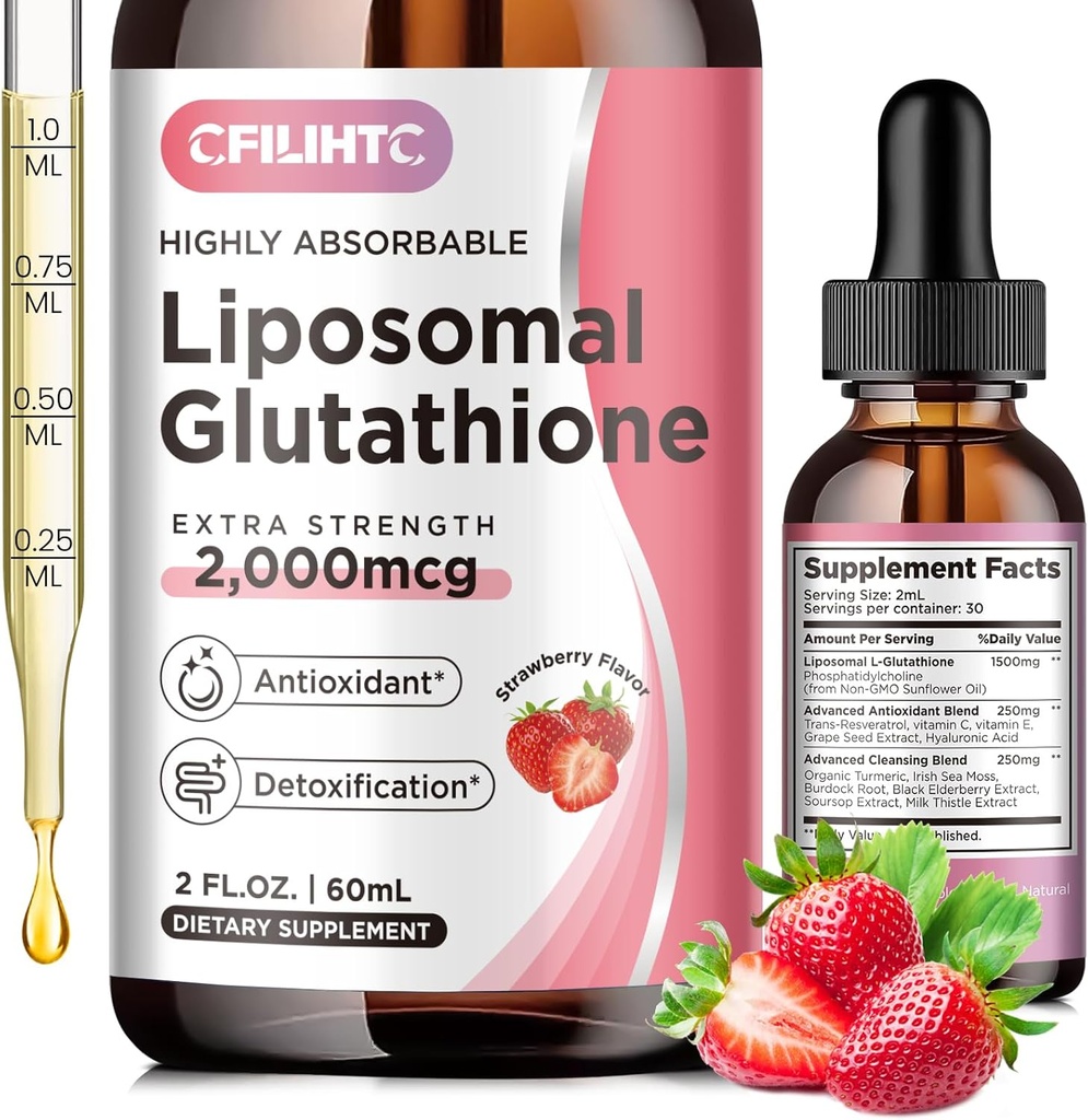Liposomal 글루타티온 액체 하락, 글루타티온 액체 보충교재, 비타민 C와 더불어 활동적인 모양 L 글루타티온, 간 해독, 노화 방지를 위한 산화 방지제, 면역 & 세척, 딸기 풍미, 2 FL.OZ