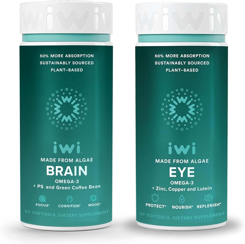 Iwi Life Brain & Eye Omega-3 번들, 30 서빙, Vegan Plant-Based Algae Omega 3 EPA + DHA, Krill & Fish Oil Alternative, No Fishy Aftertaste