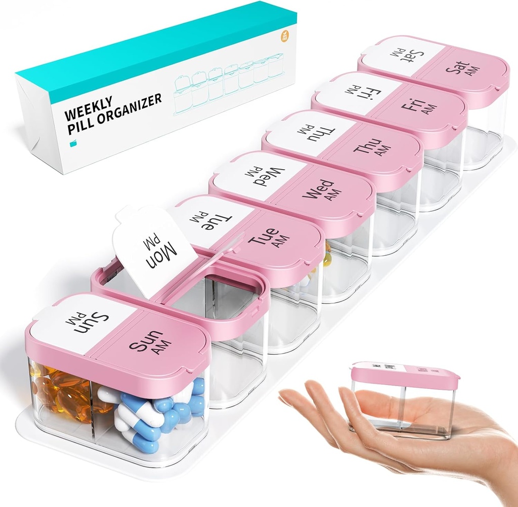 Odaro Extra Large Weekly Pill 주최자 2 Times A Day, Pill Box 7 Day Am Pm to Hold Daily Medicine Vitamin and Supplements - 핑크