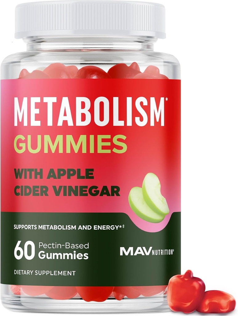 Apple Cider Vinegar의 대사 구미 | Energy, Digestion & Lean Body Mass Support | Apple Cider Vinegar Gummies with the Mother, B12 & Folate | 여성용 대사 지원 | 60 Ct.