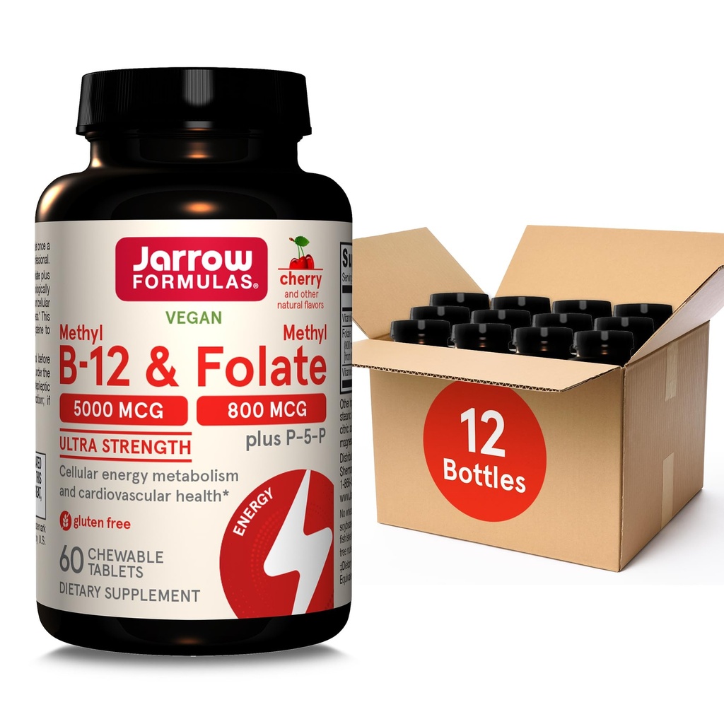 Jarrow 공식 매우 힘 메틸 B-12 5000 mcg & 메틸 Folate 800 mcg + P-5-P의 세포 에너지 대사와 심장 혈관 지원을 위한 보충교재, 60 Chewable 정제, 60 일 공급, 12 팩