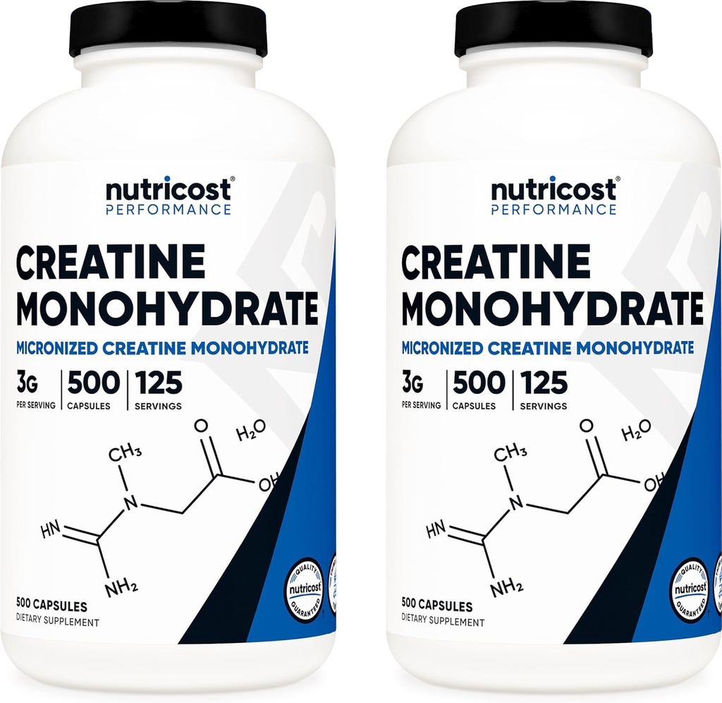 Nutricost 크레아틴 Monohydrate 3000mg 서빙, (캡슐 당 750mg), 500 캡슐 (2 병)