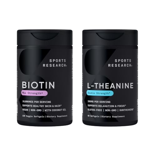 요가 기름을 가진 스포츠 연구 Vegan Biotin 10,000mcg 최대 힘 비타민 B7 120 Softgels (4 달 공급)와 초점, Relaxation & Alertness 200mg 60 조사를 위한 두 배 힘 L-Theanine 보충교재
