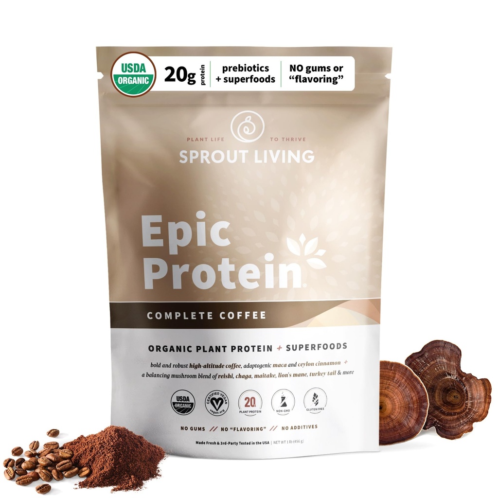 Sprout Living, Epic Protein, Plant Based Protein & Superfoods Powder, Complete Coffee | 20 그램 유기농 단백질 분말, Adaptogens, 버섯, Vegan, Non-GMO, 글루텐 무료 (1 파운드, 12 인분)