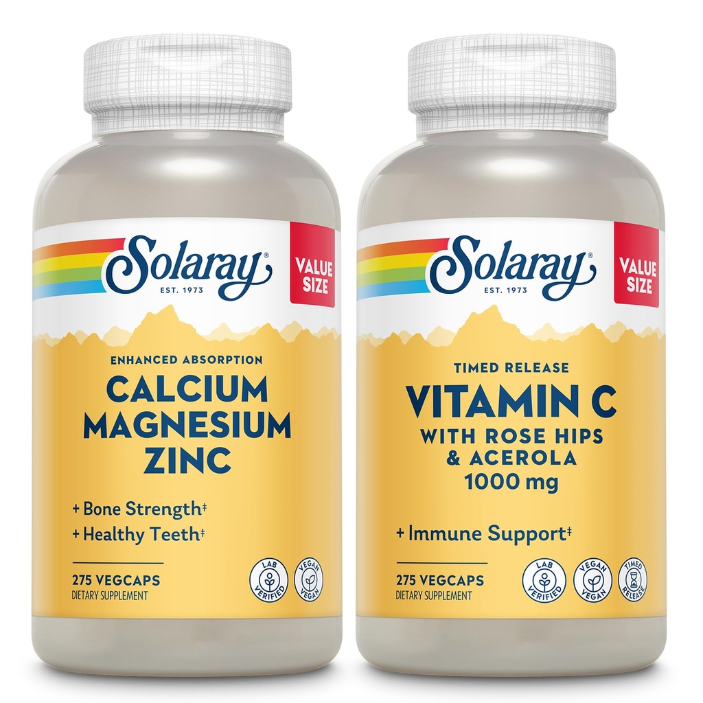 SOLARAY 칼슘 마그네슘 아연과 시기를 정하는 방출 비타민 C - 뼈 건강, 면역 지원 뭉치, 1000mg 칼슘, 500mg 마그네슘, 1000mg 비타민 C 보충교재, 채식주의자, 60 일 보증, 275 VegCaps 각각