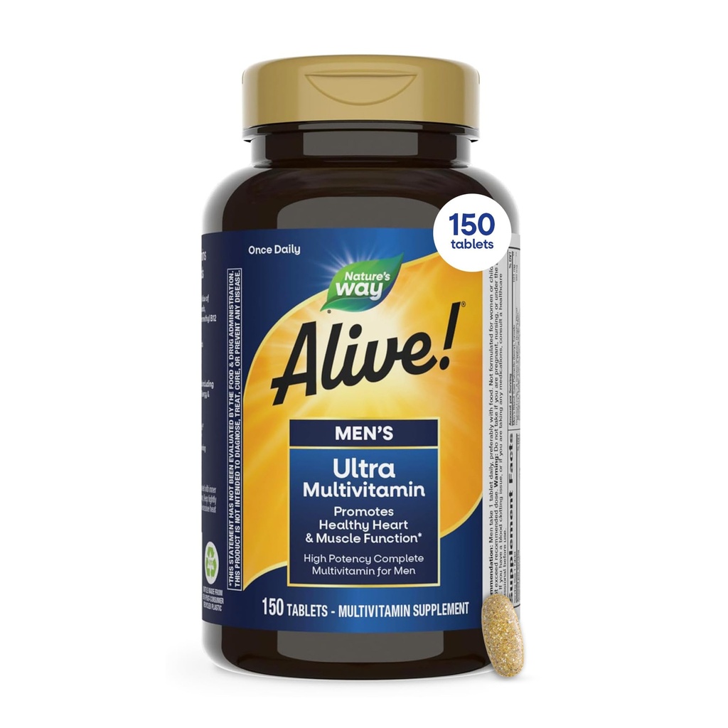 자연의 방법 살아! 남자의 매일 Ultra Multivitamin, 높은 힘 공식은, 메틸을 입힌 비타민 B12와 더불어 심장 & 근육 Function*를, 글루텐 해방합니다, 150의 정제 승진시킵니다