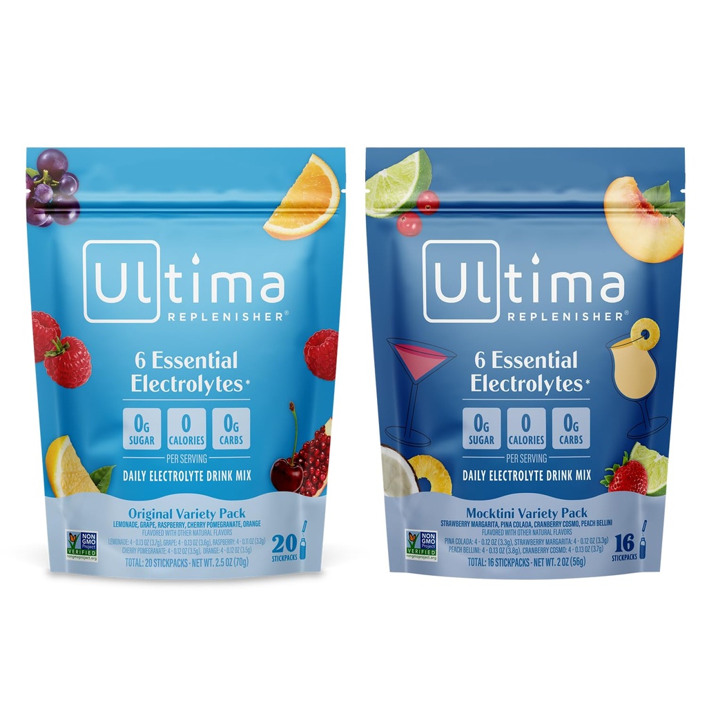 Ultima Replenisher Daily Electrolyte Powder Drink Mix – Sugar Free – Mocktini Variety and Original Variety, 36 Stickpacks – 6 Electrolytes 및 Minerals – Keto, Non-GMO와 함께 수분 공급 패킷