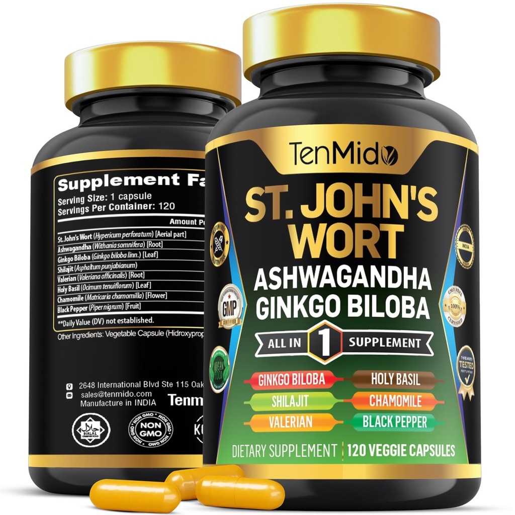 St.John의 Wort 보충 - 8in1 공식 - Ashwagandha, Ginkgo Biloba, Shilajit, Valerian, Holy Basil, Chamomile 및 Black Pepper와 결합 - 4 개월 공급을위한 120 Vegan 캡슐