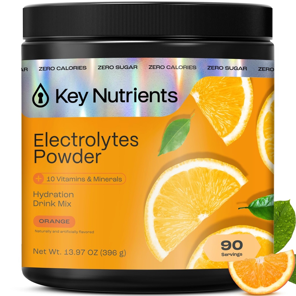 KEY NUTRIENTS Multivitamin Electrolytes Powder No Sugar - Tangy Orange Electrolyte Powder - Endurance & Energy Supplement - Hydration Powder - Calories - 90 서빙 - 미국