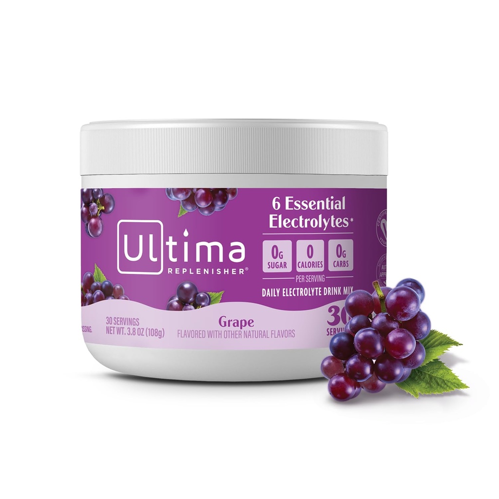 Ultima Replenisher Daily Electrolyte Powder Drink Mix - Sugar Free - Grape, 30 서빙 - 6 키 Electrolytes 및 Trace Minerals와 Hydration Powder - Keto Friendly, Vegan, Non-GMO