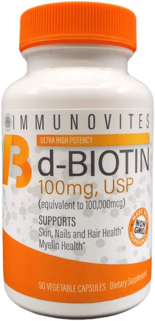 IMMUNOVITES 높은 복용량 Biotin (d-Biotin, USP로) 100mg (100,000mcg에 동등한) 90의 캡슐, 높은 힘