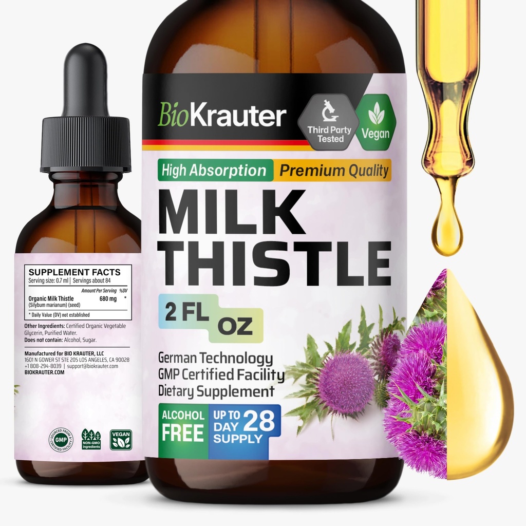 BIO KRAUTER 우유 이틀 액체 드롭 - 우유 이틀 Silymarin Liver 지원 보충 - 알코올 및 설탕 Free Tincture for Liver Cleanse Detox - 2 Fl. Oz.