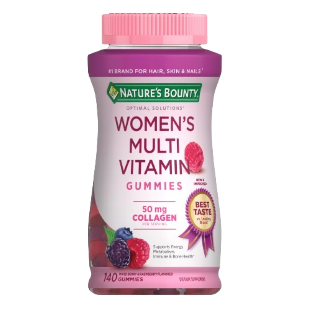 Nature 's Bounty Optimal Solutions, Immune 지원, 셀룰러 에너지 지원, 뼈 건강, 라즈베리 맛, 140 Ct의 여성 멀티 비타민 Gummies
